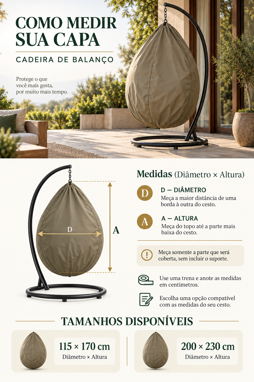 Como medir a capa para cadeira de balanço: D é o diâmetro e A é a altura do cesto, sem incluir o suporte. Tamanhos 115 × 170 cm e 200 × 230 cm.