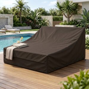Capa impermeável café para espreguiçadeira dupla em deck de madeira nobre à beira da piscina e jardim
