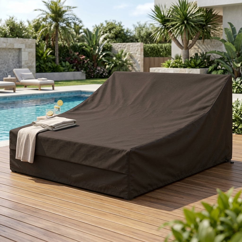 Capa impermeável café para espreguiçadeira dupla em deck de madeira nobre à beira da piscina e jardim
