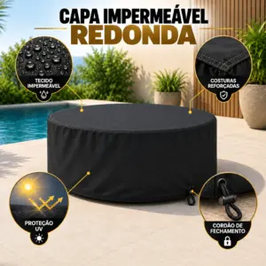 Capa impermeável redonda preta Armovex, com nome em destaque, sem etiqueta, ajuste lateral em alça fechada e detalhes de tecido impermeável, costuras e proteção UV.