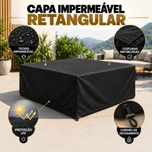 Capa impermeável retangular preta Armovex, sem etiqueta, com cordão em alça contínua no canto inferior e detalhes de impermeabilidade, costuras e proteção UV.