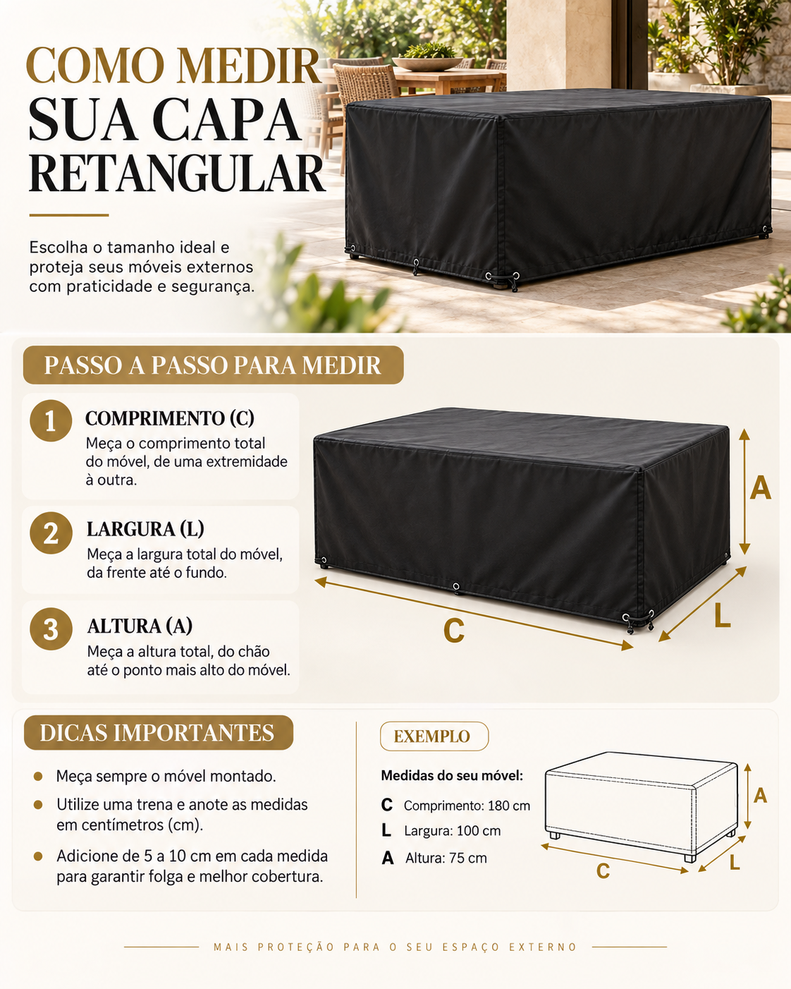 Guia de medidas da capa retangular: Comprimento (C), Largura (L) e Altura (A)