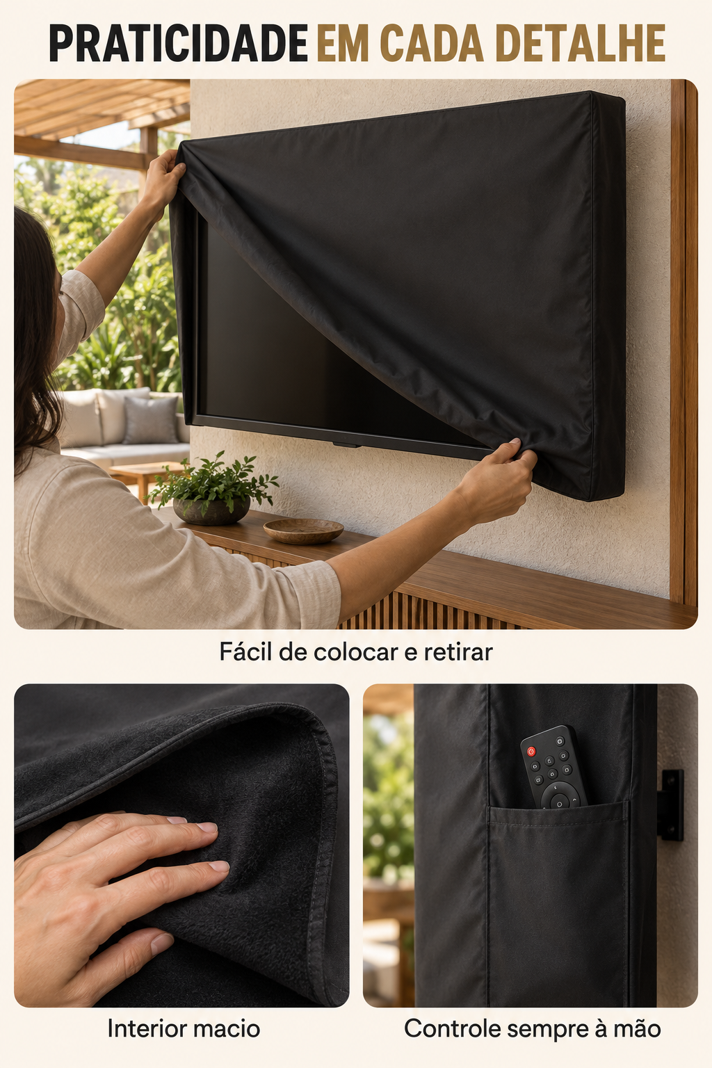 Capa para TV fácil de colocar e retirar, com interior macio e bolso para controle.