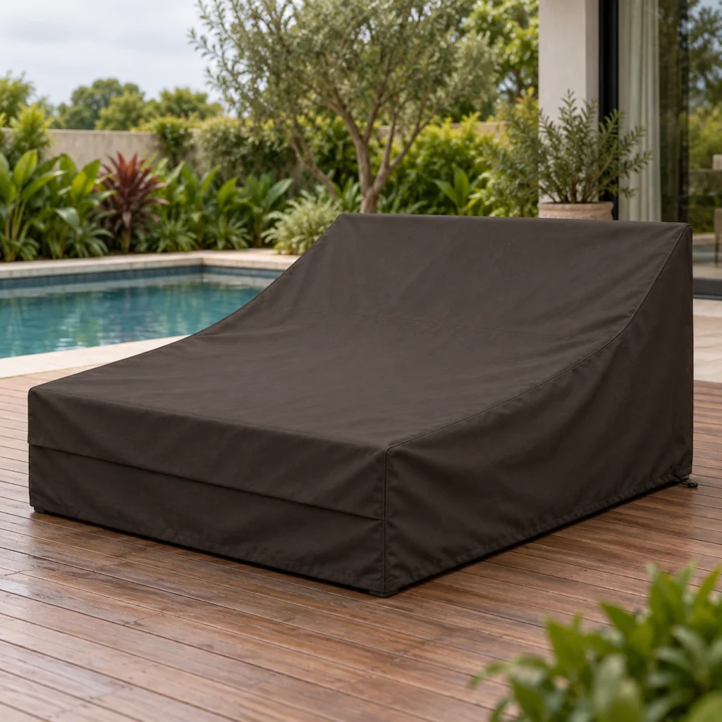 Capa escura para espreguiçadeira dupla em deck junto à piscina, vista frontal e lateral