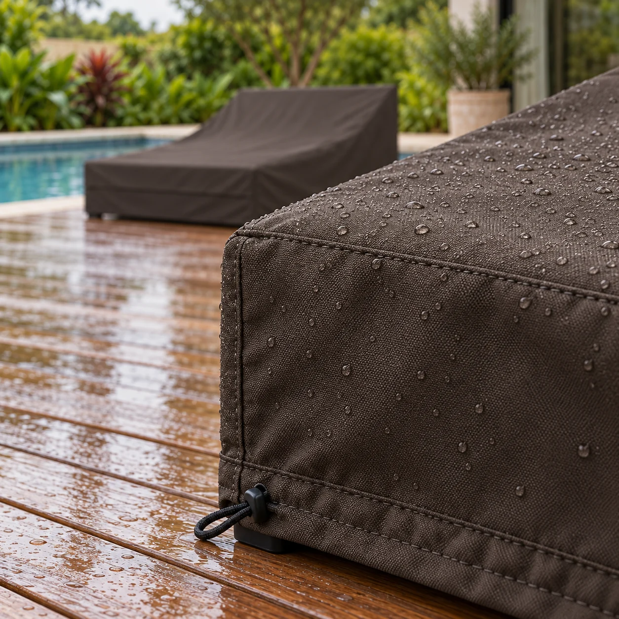 Detalhe do tecido com gotas de chuva, costura e cordão da capa para espreguiçadeira dupla