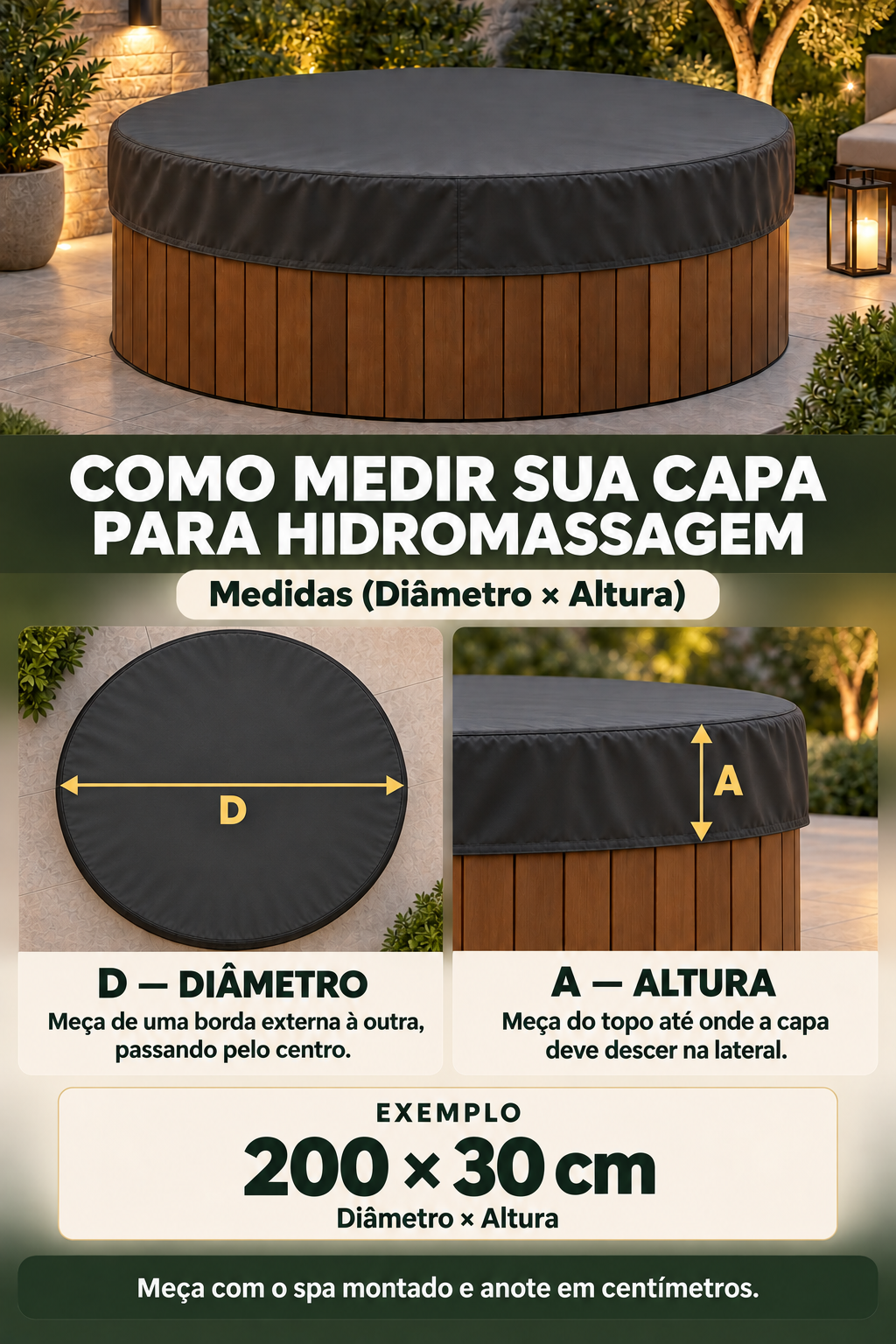 Guia de medidas da capa para hidromassagem: D indica o diâmetro externo e A indica a altura coberta na lateral. Exemplo: 200 × 30 cm.