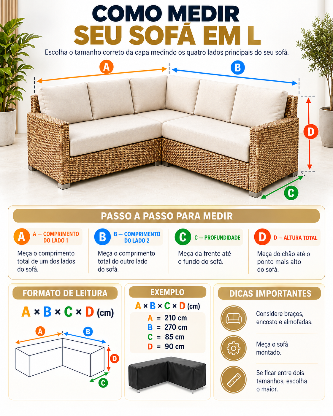 Infográfico de como medir um sofá em L: A e B são os comprimentos dos lados, C é a profundidade e D é a altura total.